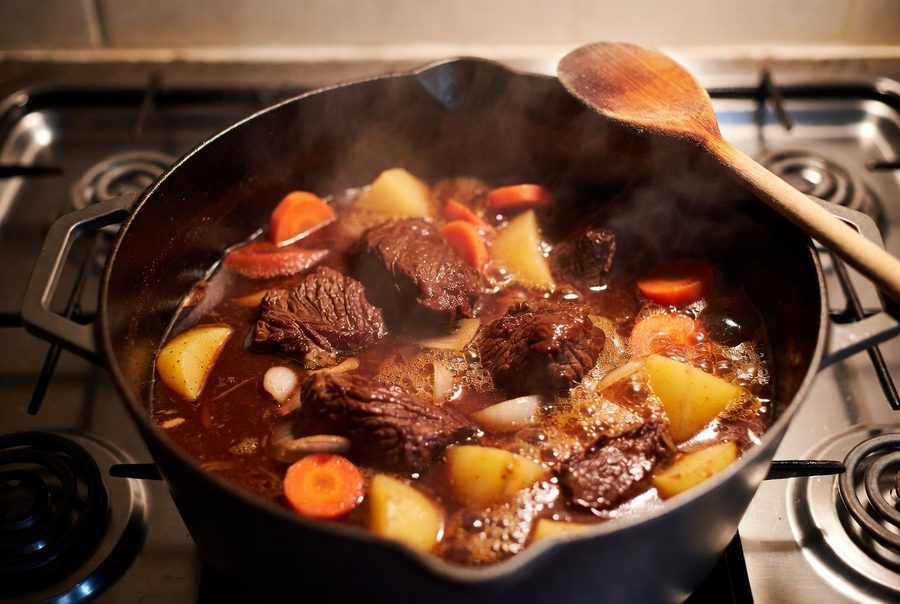 Beef stew bubbling in a black cast iron Dutch oven on the stovetop — chunks of beef, carrots, potatoes, and onions in dark gravy with a wooden spoon resting on the rim