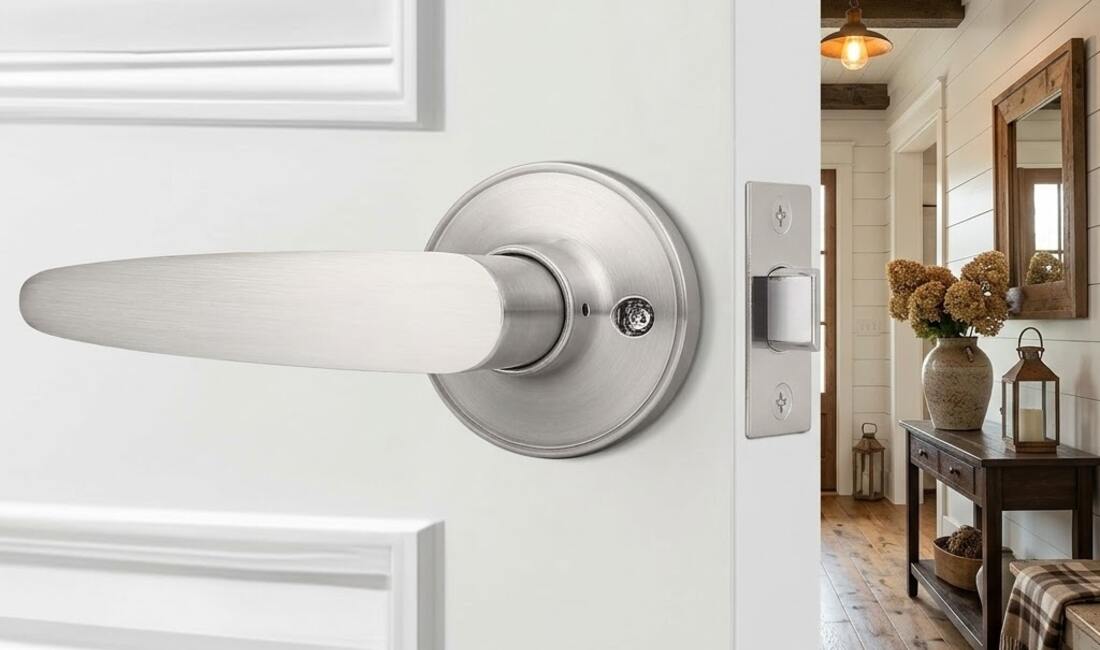 Brushed nickel lever door handle on a white interior door, opening into a bright farmhouse hallway