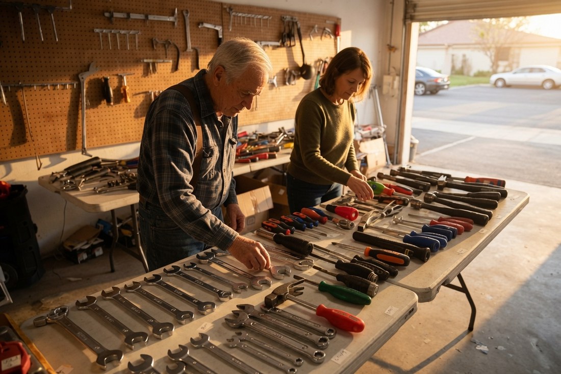 Hand tools laid out in rows on folding tables in an open garage with small paper price stickers on them, two people sorting, a pegboard on the wall behind