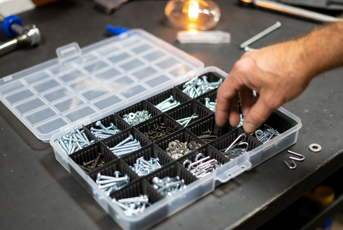 An open compartmented parts organizer on a workbench holding screws, nails, washers and hooks sorted by size, with a hand reaching in for one