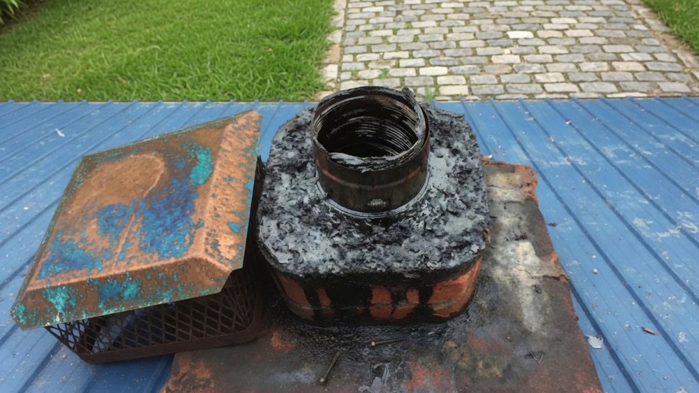 A chimney cap lifted off and set on a roof, the flue collar and crown beneath it thickly encrusted with black flaking creosote