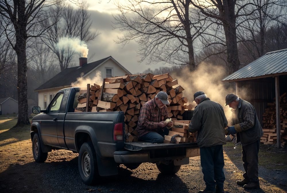 Three men unloading split firewood from the bed of an old pickup truck at dusk, with smoke rising from the chimney of the house behind them
