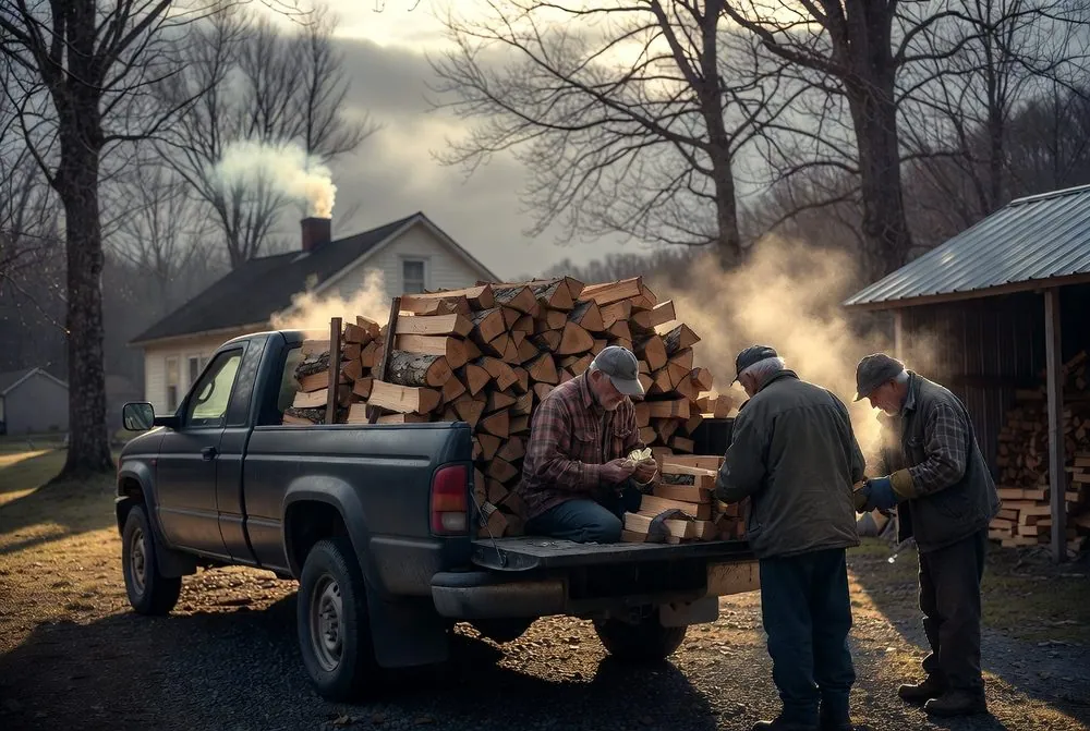 Three men unloading split firewood from the bed of an old pickup truck at dusk, with smoke rising from the chimney of the house behind them