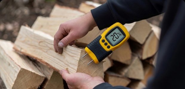 A moisture meter with its pins pressed into the weathered outer face of a split log in a stack, reading 20 percent
