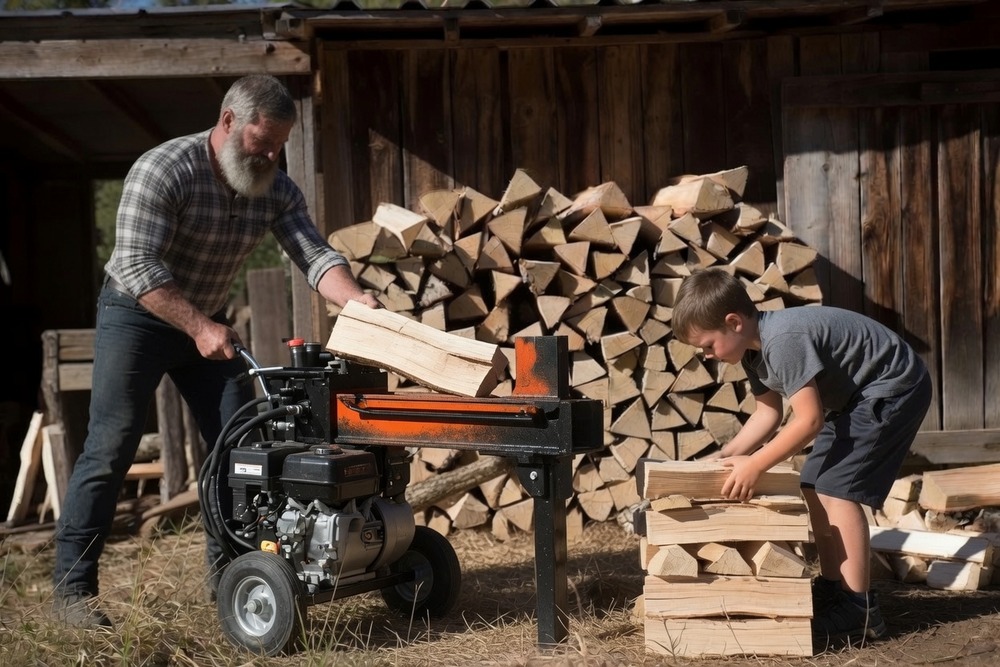 A bearded man feeding a round of wood into a petrol hydraulic log splitter outside a weathered wood shed, with a boy stacking the split pieces beside him and a large stack of seasoned wood behind