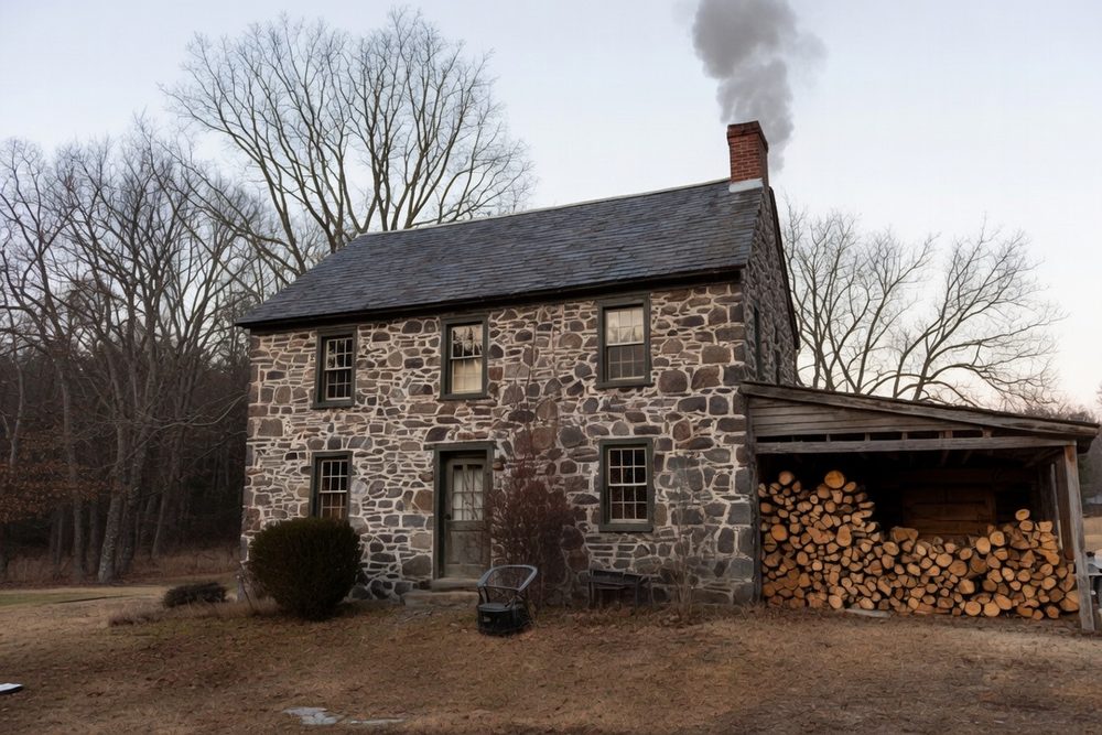 An old fieldstone farmhouse on a grey winter afternoon with smoke rising from the chimney and an open-sided woodshed stacked full beside it