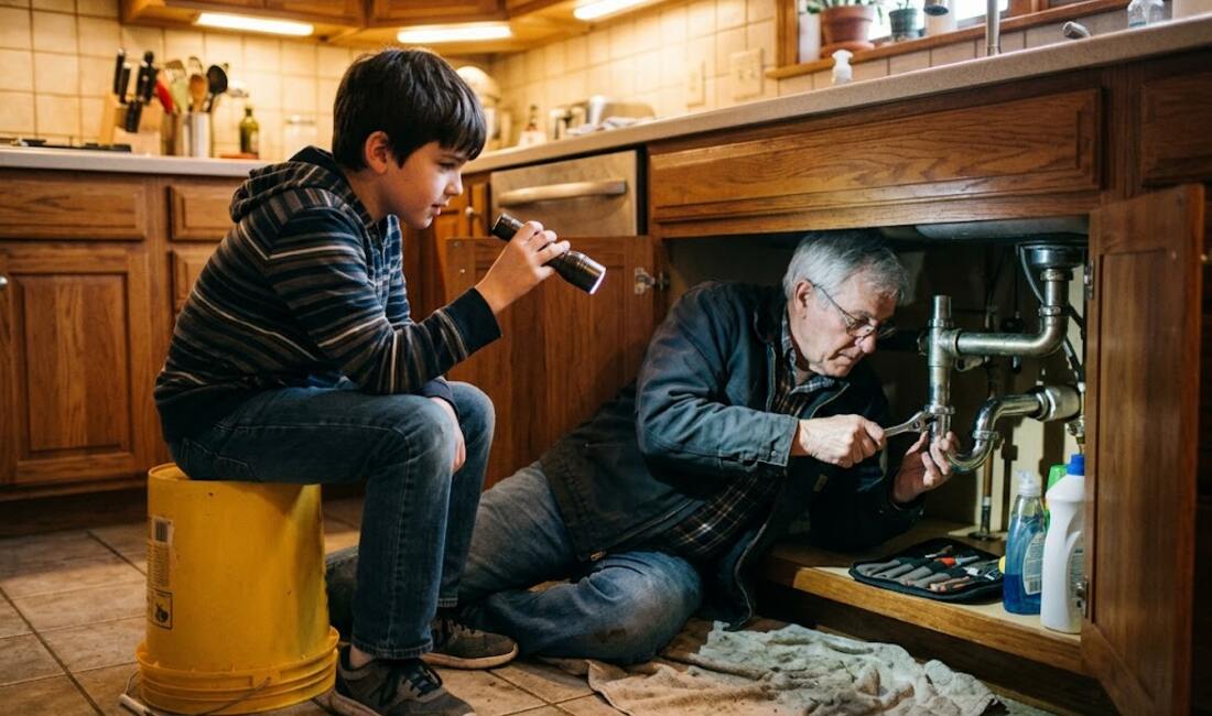 A boy sitting on an overturned bucket holding a flashlight for his grandfather, who is working under the kitchen sink