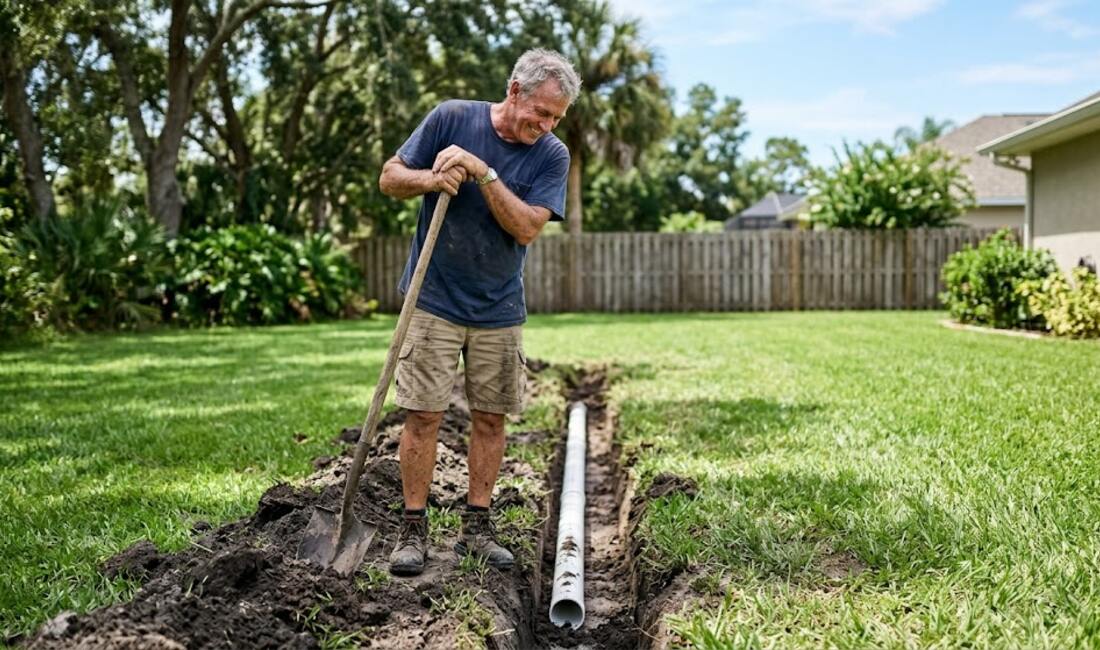 A senior man leaning on his shovel beside a freshly dug trench with new white PVC pipe in a sunny backyard
