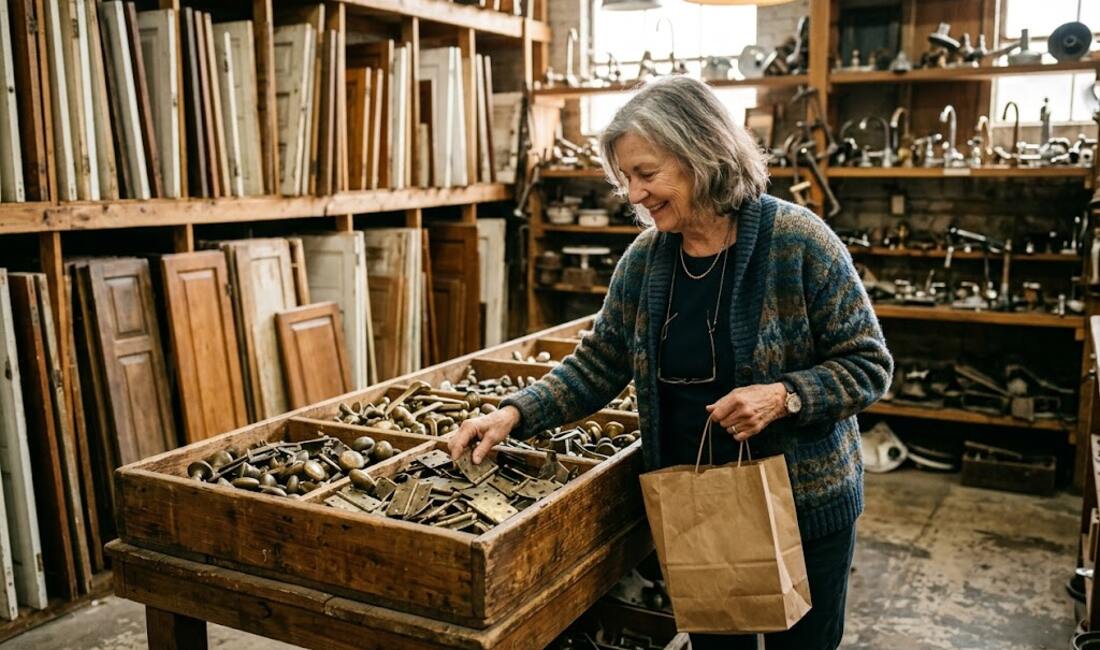 A smiling senior woman browsing bins of vintage brass hinges and hardware in a salvage reuse store, paper bag in hand