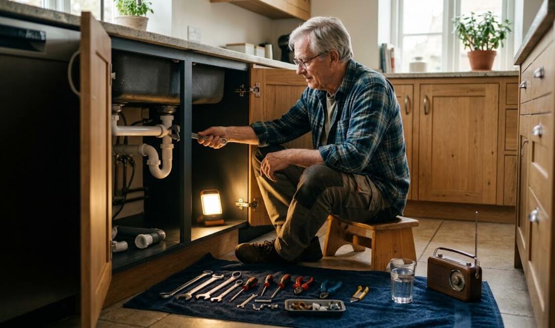 A senior man seated on a low stool working under a kitchen sink, tools laid out on a towel, work light glowing, radio and glass of water within reach