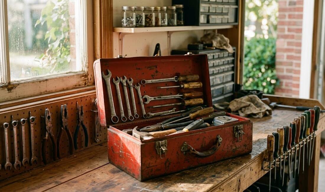 A well-worn red toolbox open on a garage workbench, wrenches and pliers organized inside, morning light through the window