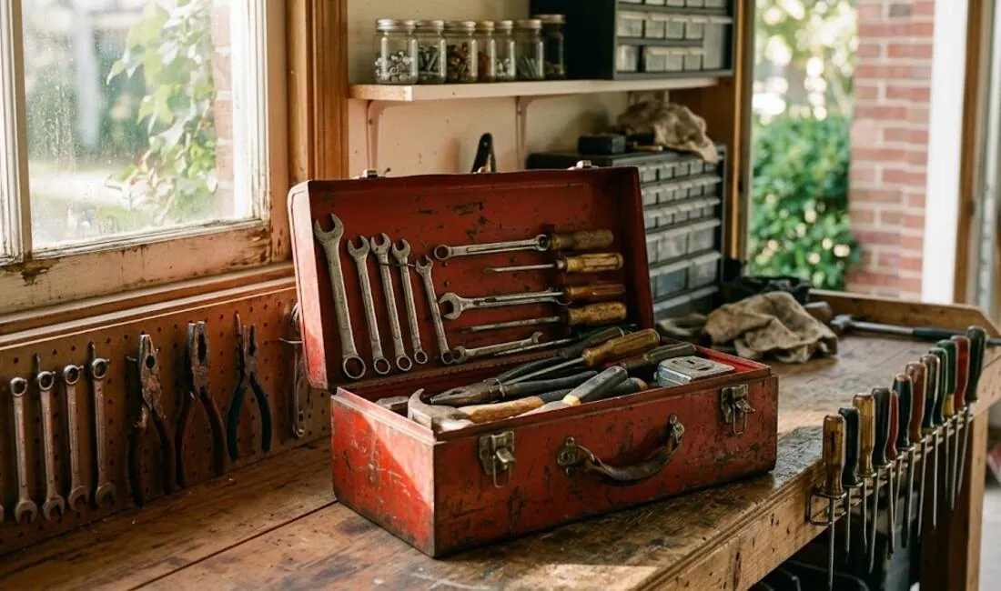 A well-worn red toolbox open on a garage workbench, wrenches and pliers organized inside, morning light through the window