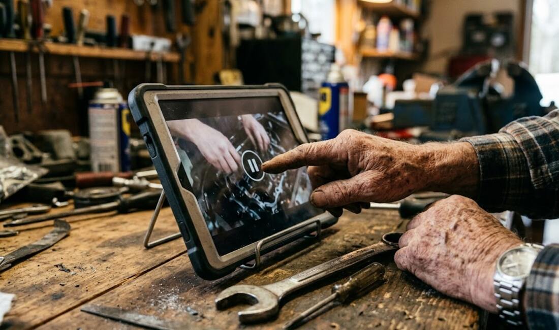 Weathered senior hands pausing a repair video on a tablet propped on a cluttered workbench, a wrench resting beside it