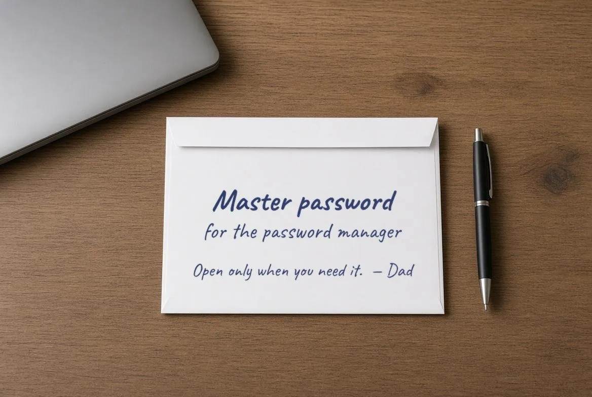 A sealed white envelope on a desk handwritten Master password for the password manager, Open only when you need it, signed Dad, beside a closed laptop and a pen