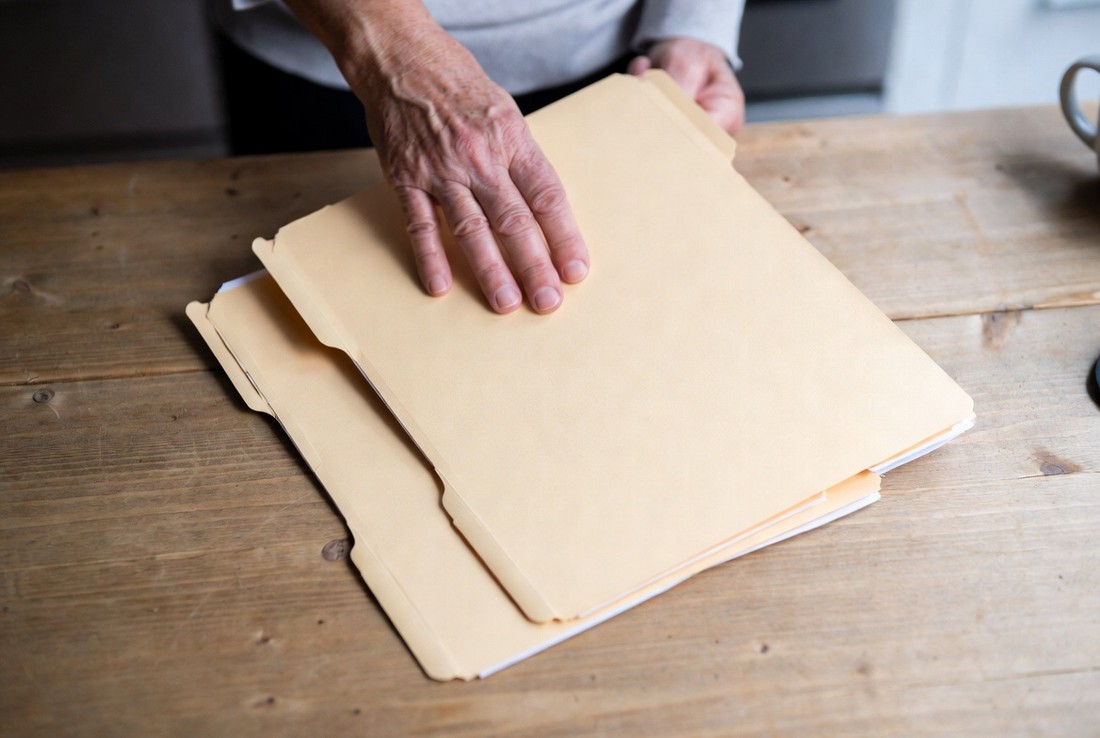 Two identical plain manila folders on a kitchen table, an older person’s hand resting on the top one as if about to pass it across