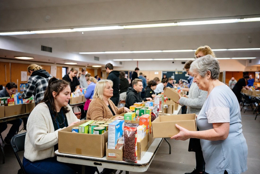 Volunteers of several ages packing cardboard boxes of shelf-stable food on folding tables in a community hall