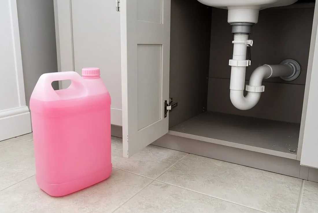 A jug of plain pink antifreeze with no label standing on a bathroom floor beside an open sink cabinet, with the white plastic drain trap under the sink clearly visible behind it