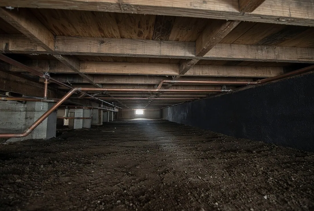 The inside of a vented crawlspace under a house, looking down its length: copper water pipes running beneath wooden floor joists, concrete block piers, a bare dirt floor, and a small foundation vent opening letting daylight in at the far end