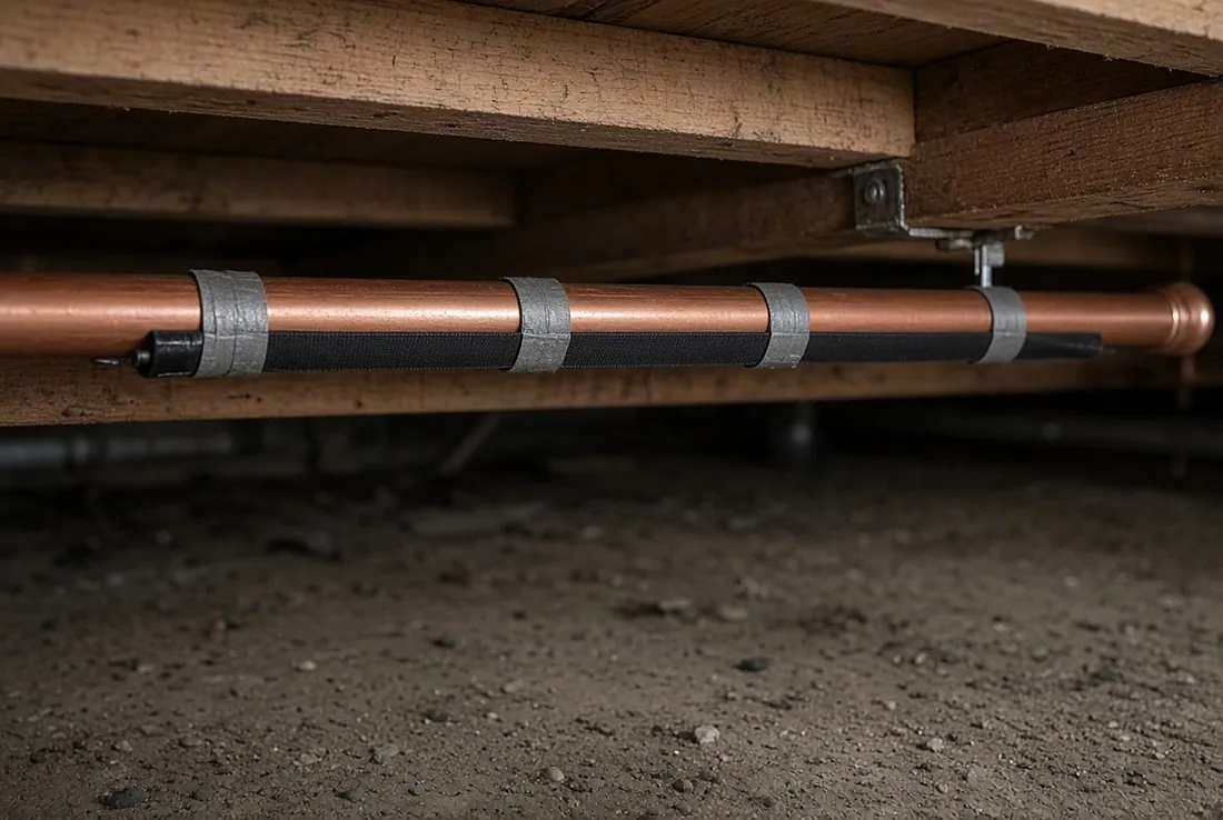 Electric heat tape installed on a copper water pipe in a crawlspace: a black cable running in a single straight line along the underside of the pipe, secured at intervals with metallic tape, not wrapped or spiralled, with no insulation over it