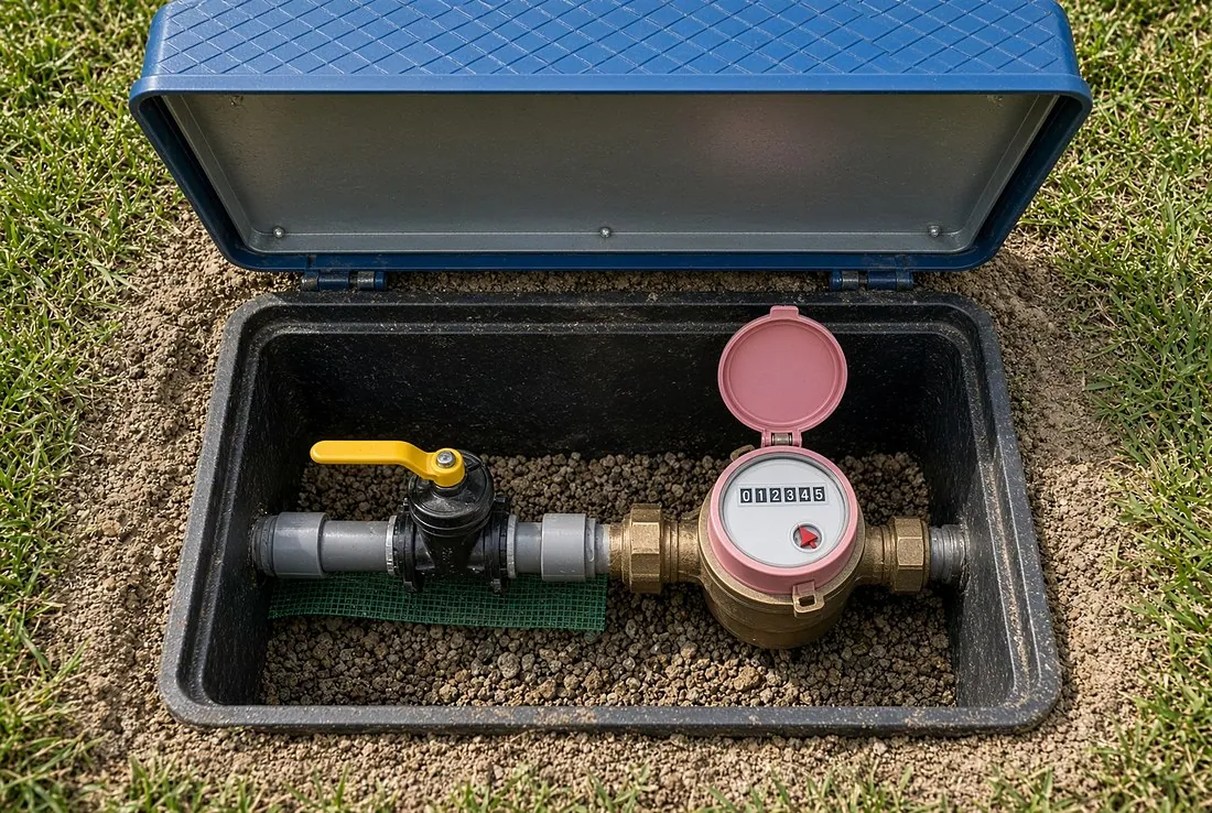 An open water meter box set into a lawn with the lid raised, showing a brass water meter with an odometer-style row of number wheels and a small red triangular leak indicator dial beside them, with a yellow-handled shutoff valve on the pipe alongside it