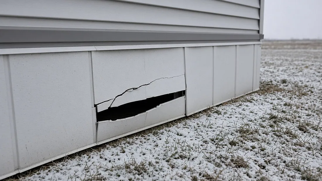 The base of a manufactured home in winter with a light covering of snow on the ground, showing a cracked vinyl skirting panel pushed inward and leaving a dark gap several inches wide into the space beneath the home
