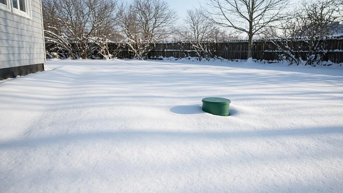 A residential back yard under smooth undisturbed snow on a bright winter morning, with a green plastic septic inspection riser cap seated above the snow in the middle of the lawn