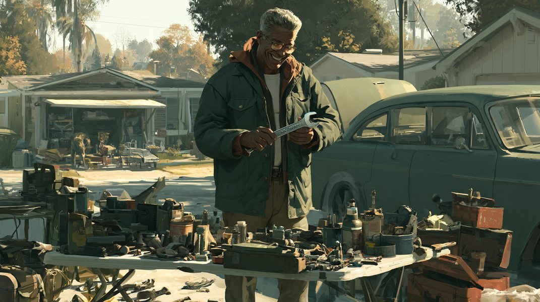 Man in his 50s at a garage sale examining a Craftsman wrench with a knowing smile, tools spread across a folding table in a sunny suburban driveway