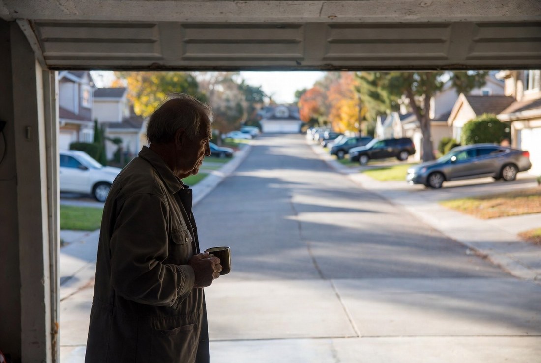 An older man in a work jacket standing in his open garage with a mug of coffee, looking out at a quiet suburban street on an autumn weekday morning