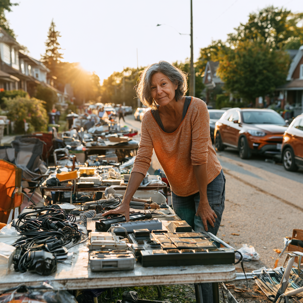 Woman in her 60s browsing a Saturday morning garage sale with extension cords and household items on the table