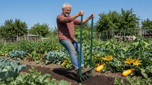 A senior man in a red plaid shirt stepping down on a broadfork to loosen the soil in his backyard vegetable garden, squash and cabbage growing around him