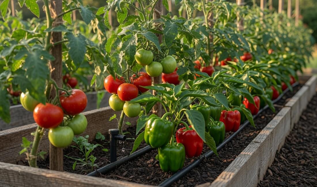 A raised garden bed of tomatoes and peppers with a drip irrigation line running along the soil