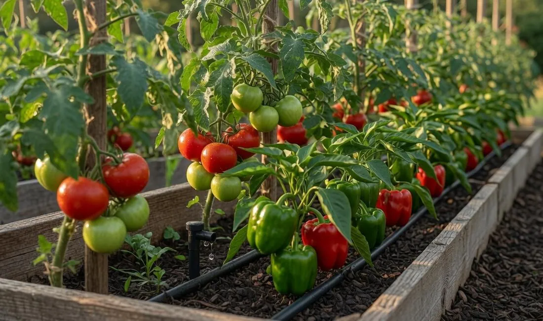 A raised garden bed of tomatoes and peppers with a drip irrigation line running along the soil