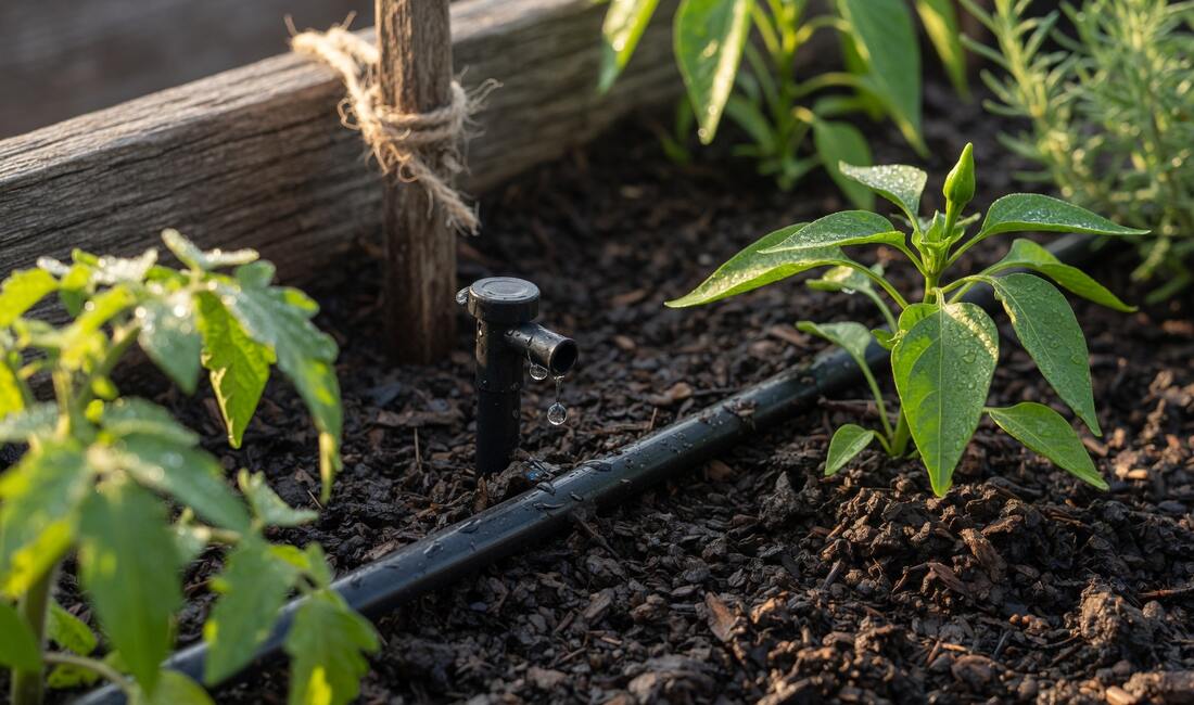 A drip irrigation emitter releasing a water droplet at the base of young pepper and tomato plants in a raised bed