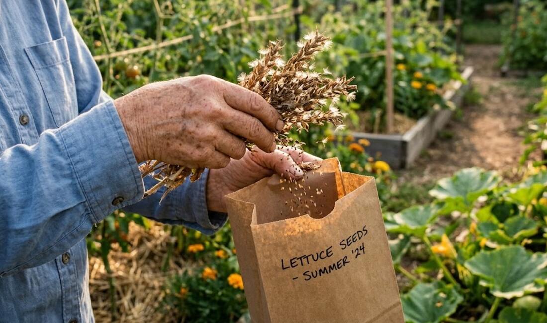 Weathered hands shaking dried lettuce seed heads into a labeled paper bag in a raised bed garden