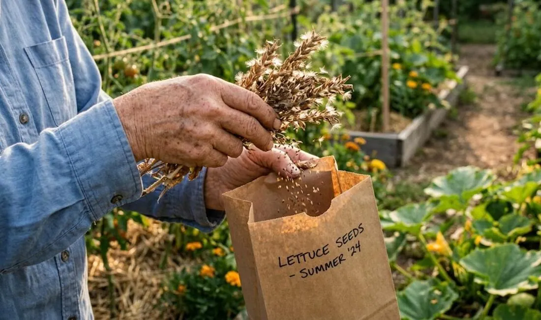 Weathered hands shaking dried lettuce seed heads into a labeled paper bag in a raised bed garden