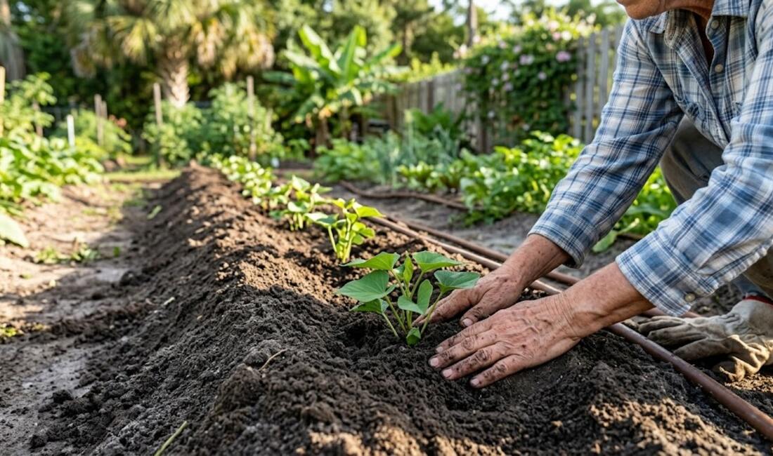 A senior gardener firming soil around a young seedling in a mounded garden row with drip line alongside