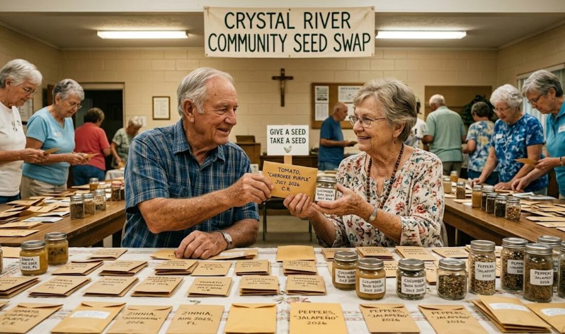 Seniors trading labeled seed envelopes across tables at a community seed swap event