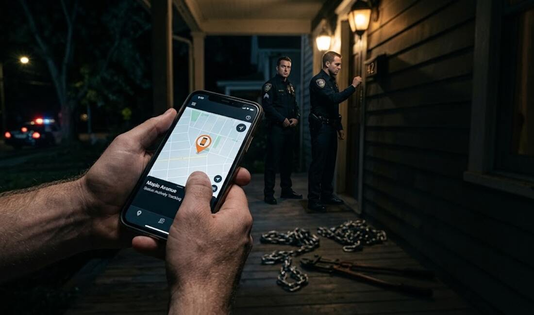 A homeowner watching the tracker map on his phone while police officers knock at a door where the stolen generator was taken