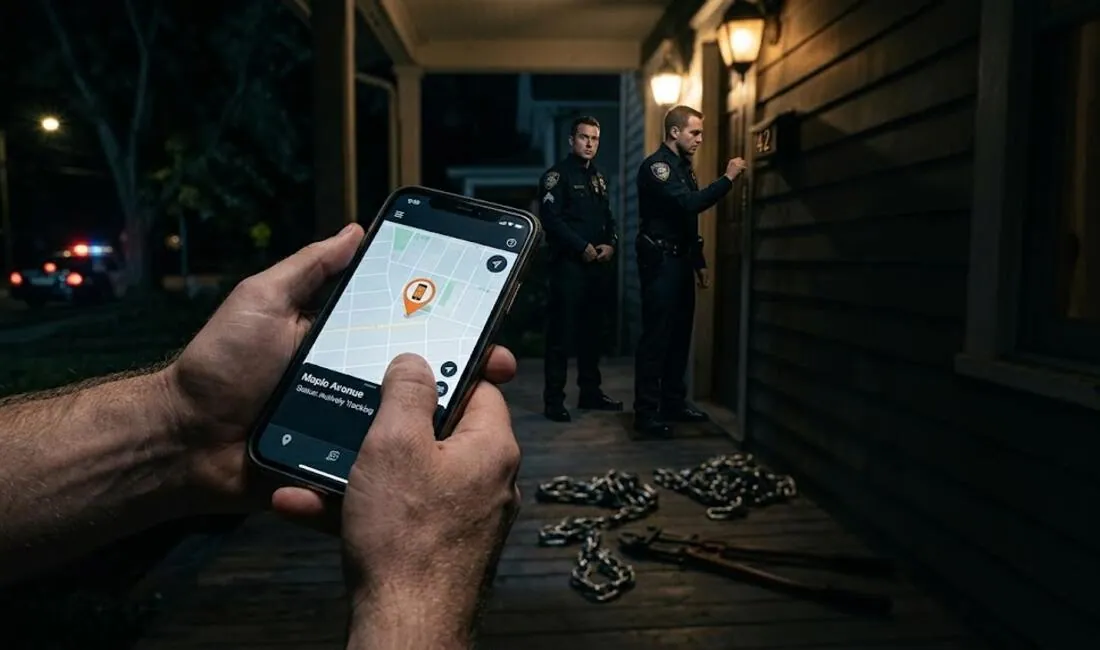 A homeowner watching the tracker map on his phone while police officers knock at a door where the stolen generator was taken