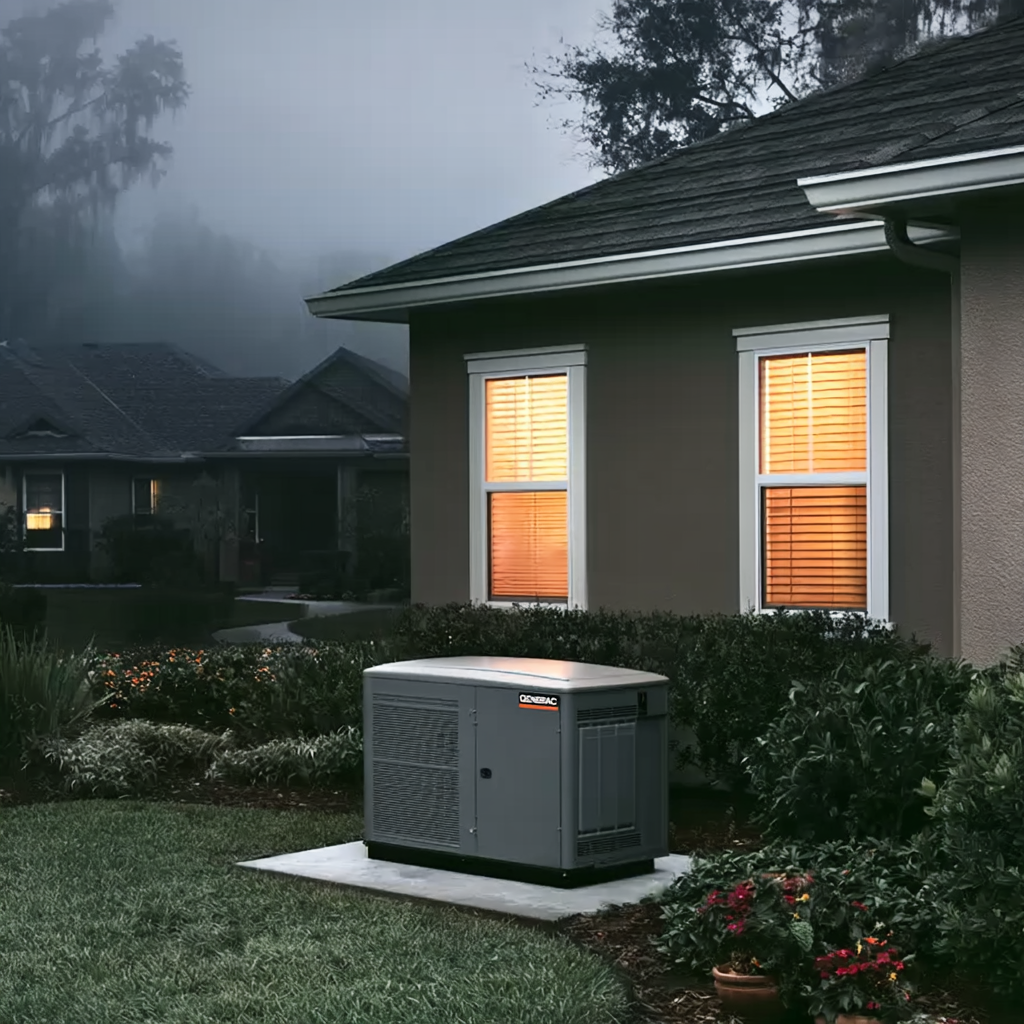 Generac whole house standby generator on a concrete pad beside a Florida home at night, warm light glowing from windows while neighbors' houses sit dark