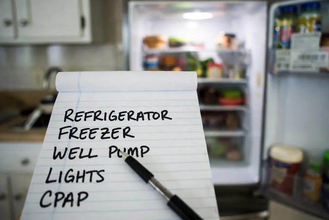 A yellow legal pad on a kitchen counter listing refrigerator, freezer, well pump, lights and CPAP in marker, a pen resting on it, an open refrigerator behind