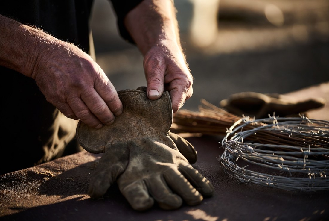 Weathered older hands pulling on a heavy leather work glove at the edge of a bench, a coil of barbed wire waiting beside them in low evening light