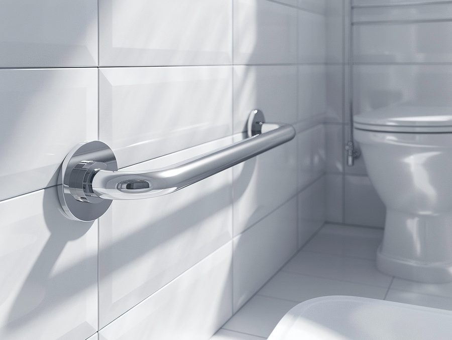 Polished stainless steel grab bar bolted securely to white tile beside toilet