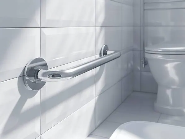 Polished stainless steel grab bar bolted securely to white tile beside toilet