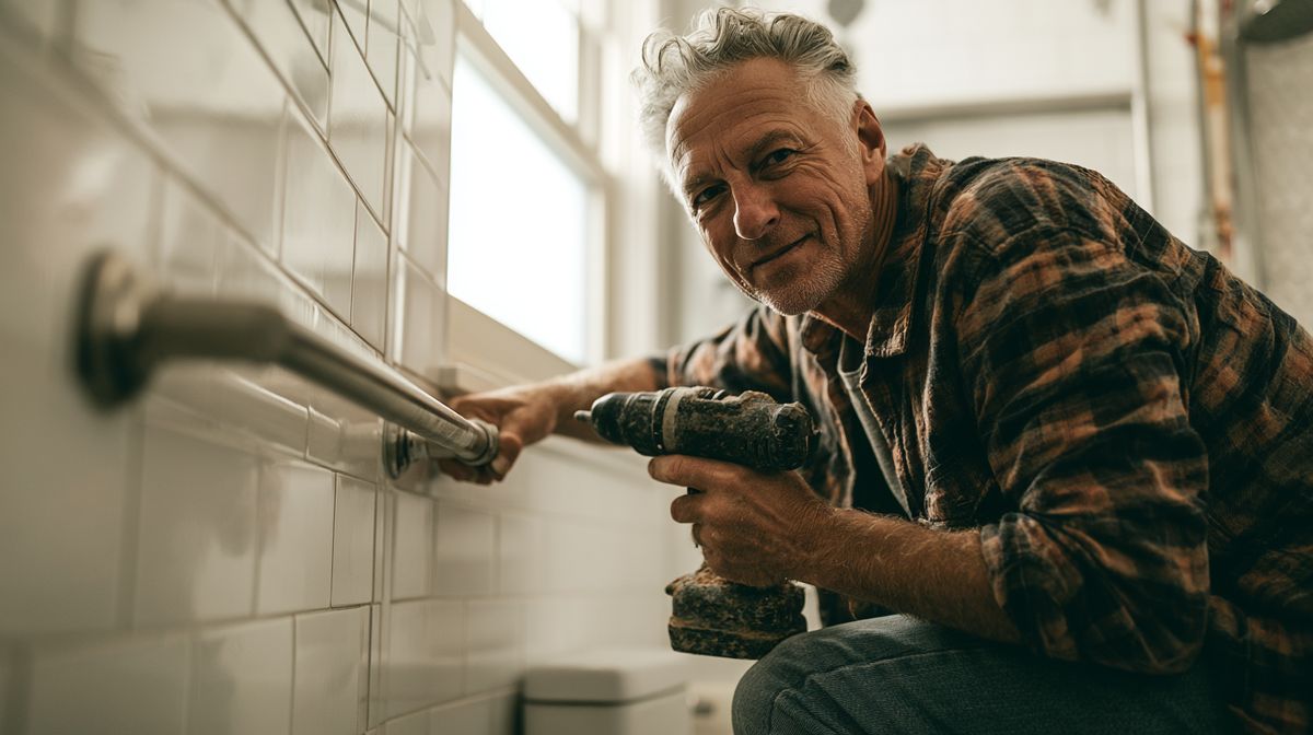 Man in his 50s actively drilling a grab bar flange into white subway tile in a bathroom