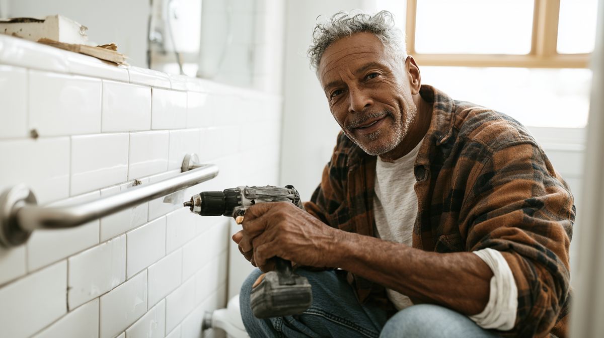 Homeowner in his 50s holding drill beside a freshly installed stainless steel grab bar on white bathroom tile