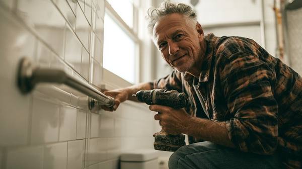 Senior man drilling grab bar mounting bracket into bathroom tile — DIY installation