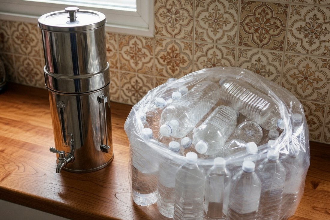 A stainless gravity water filter on a kitchen counter beside a shrink-wrapped case of bottled drinking water