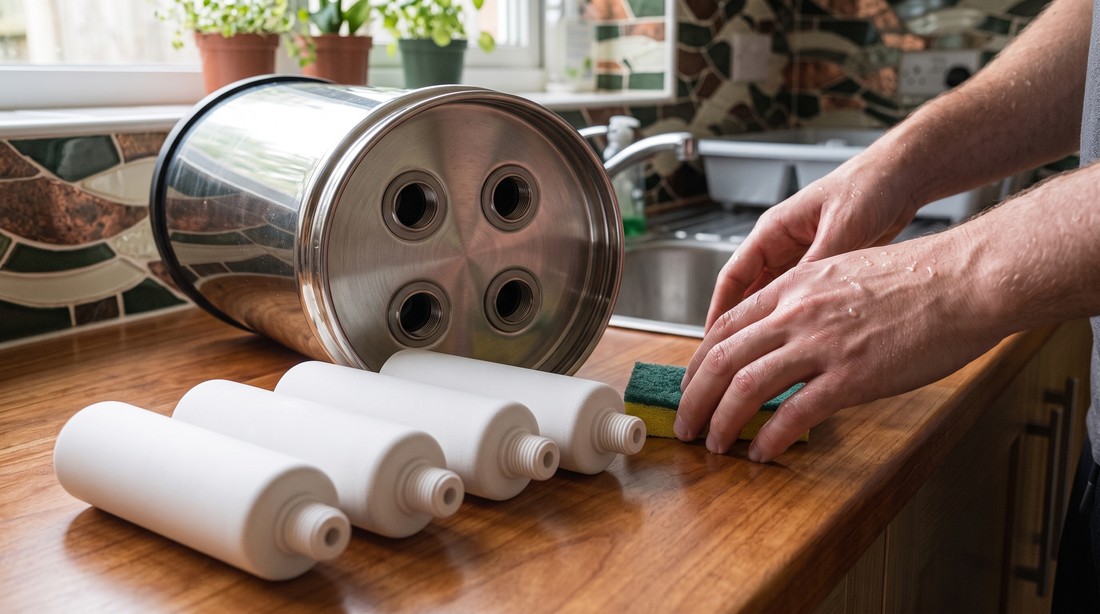 An upper stainless chamber lying on its side on a kitchen counter showing four threaded holes in its base, with four white cylindrical ceramic filter elements laid out beside it
