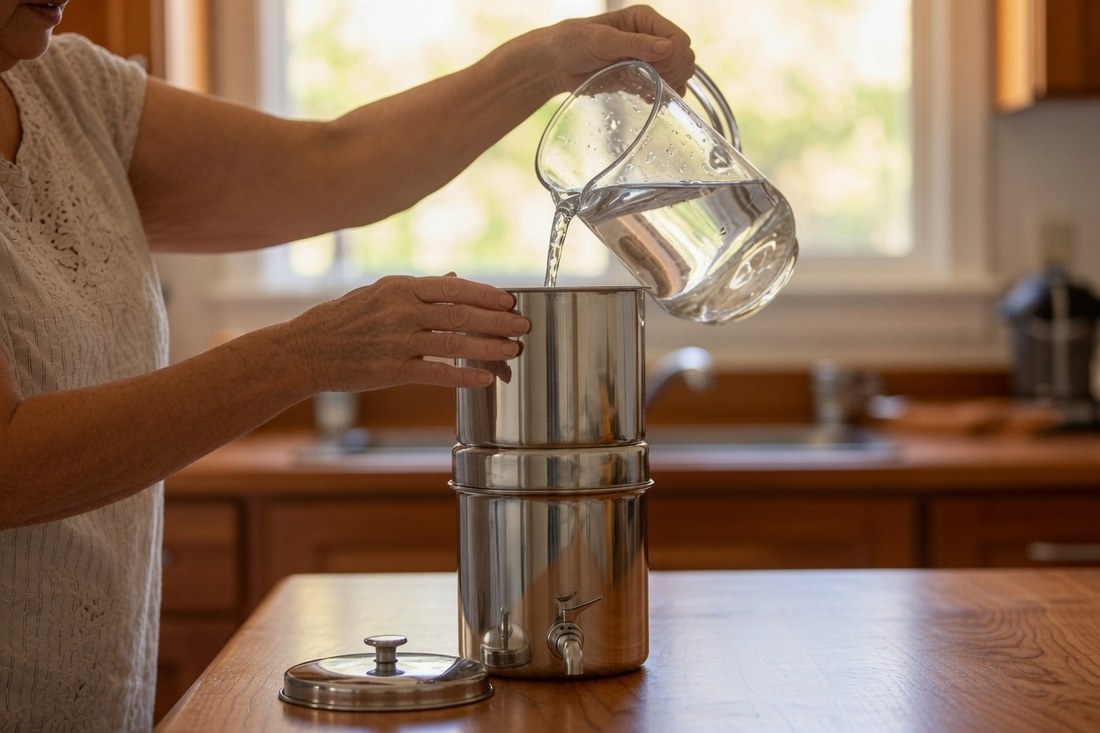 An older woman pouring water from a glass jug into the upper chamber of a stainless gravity water filter on a kitchen counter, the lid set down beside it